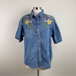 Vintage Betty Bleu Blue Denim Floral Colorful Embroidered Button Down Top Medium